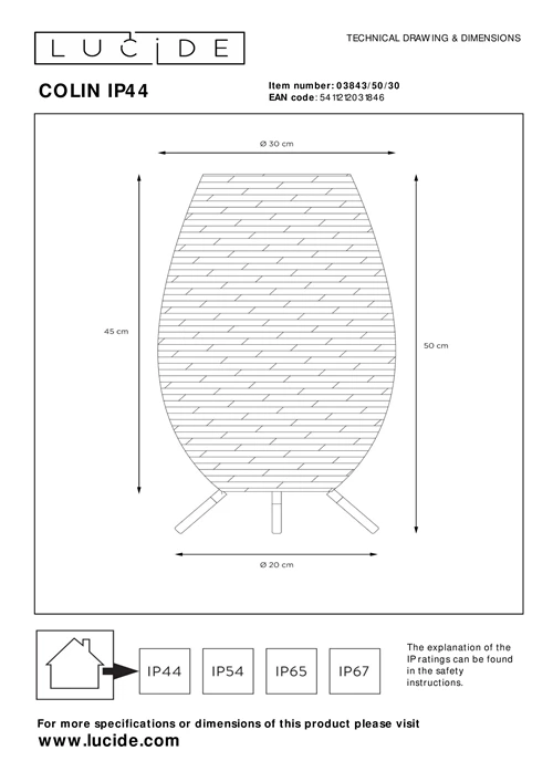 Lucide COLIN IP44 - Lampe de table Rechargeable Intérieur/Extérieur - Batterie/Piles - LED 3 StepDim - 1x3W 3000K - IP44 - Noir - technique